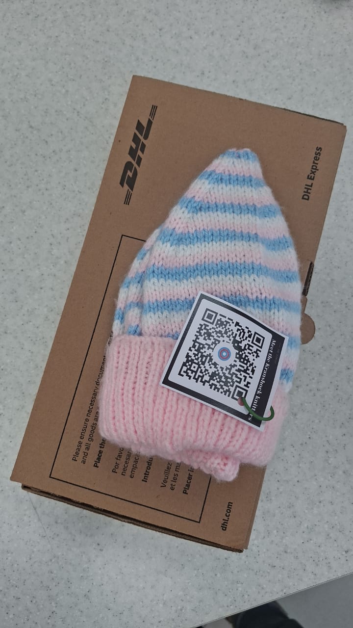 A Gogo Trust beanie packed for DHL Express delivery, with its Meet the Knitter QR tag
